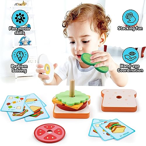 Kizh Wooden Sandwich Stacking Toys – Montessori Pretend Play Food Set for Toddlers