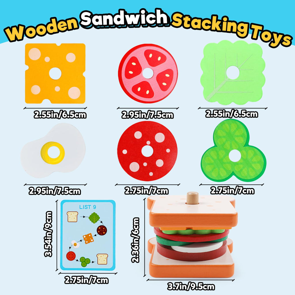 Kizh Wooden Sandwich Stacking Toys – Montessori Pretend Play Food Set for Toddlers