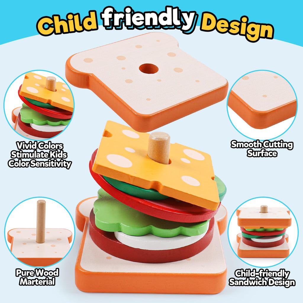 Kizh Wooden Sandwich Stacking Toys – Montessori Pretend Play Food Set for Toddlers