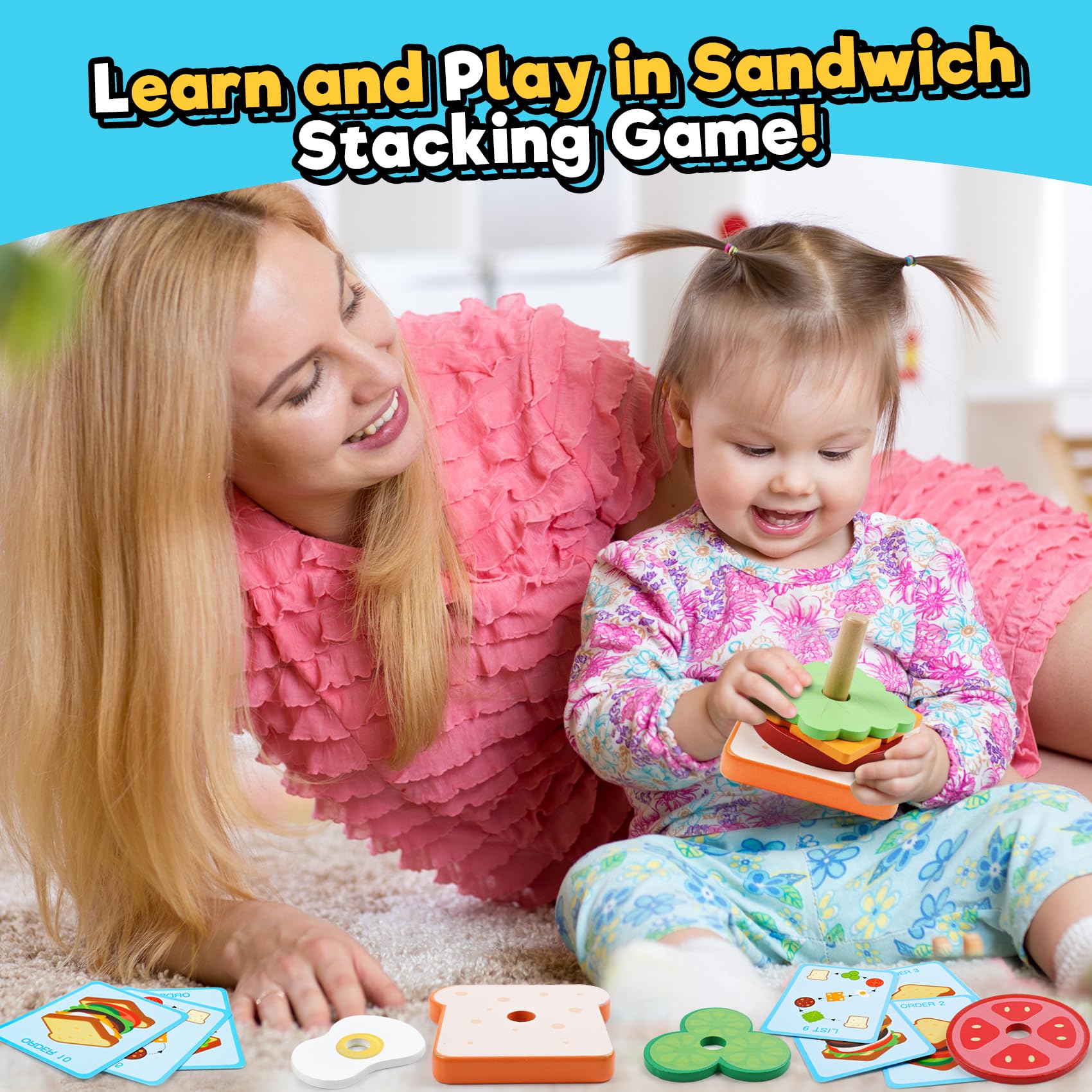 Kizh Wooden Sandwich Stacking Toys – Montessori Pretend Play Food Set for Toddlers