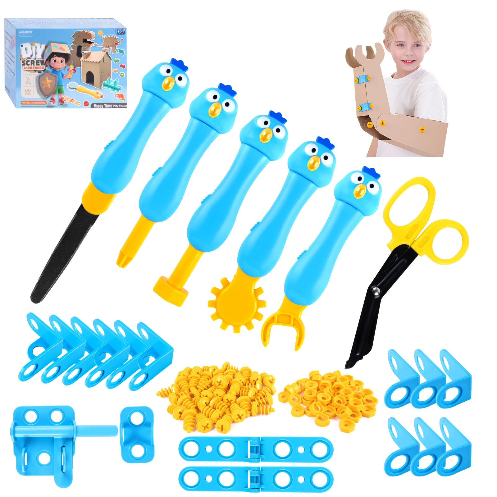 Kizmore 122-Piece Cardboard Construction Tool Set for Kids – Reusable Safe Tools, STEM Building Toys for Boys Girls Ages 5+