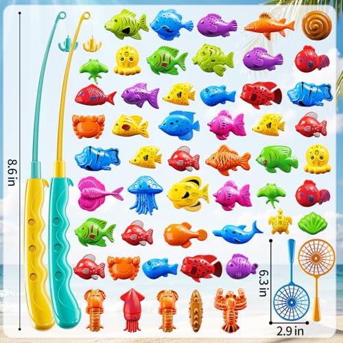 KIZONLY Magnet Fishing Game for Kids Ages 3-8 – 51 Fish, 2 Poles, 2 Nets – Bath & Pool Toy
