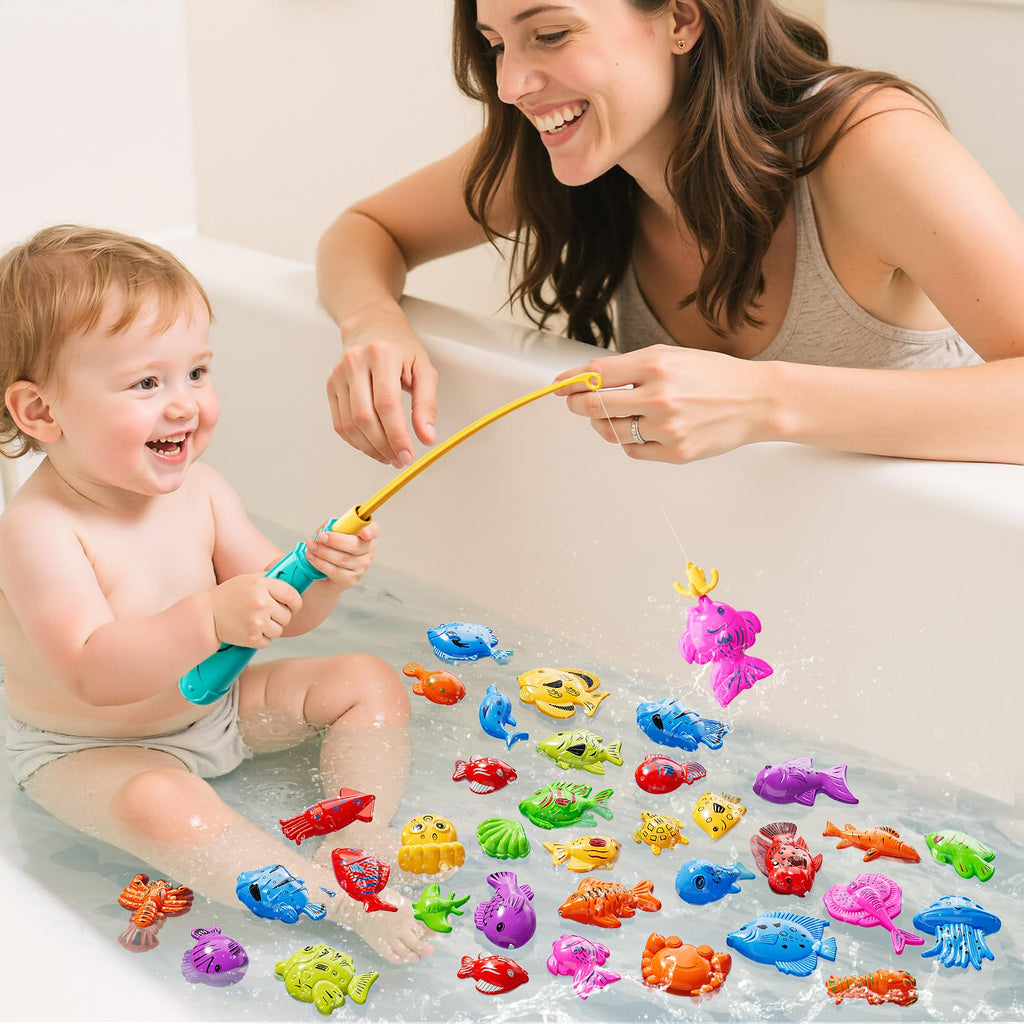 KIZONLY Magnet Fishing Game for Kids Ages 3-8 – 51 Fish, 2 Poles, 2 Nets – Bath & Pool Toy