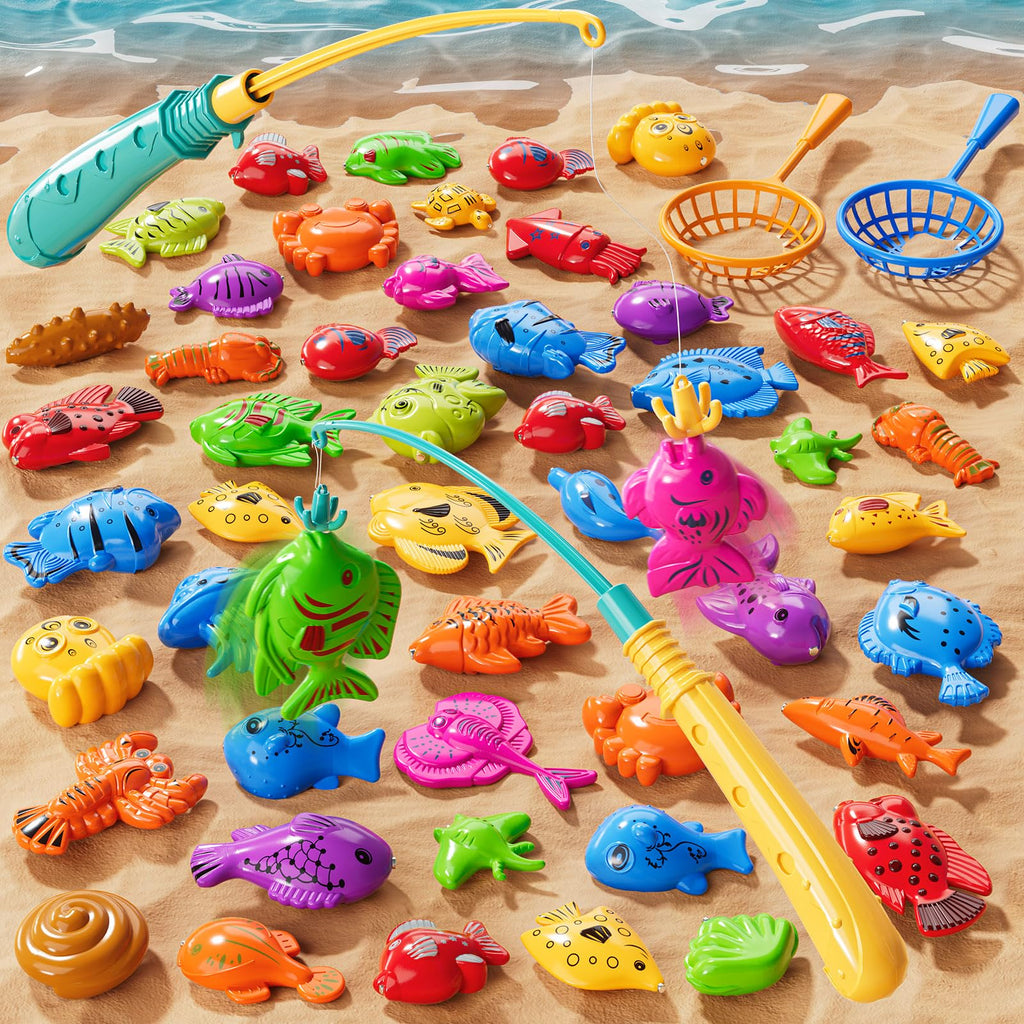 KIZONLY Magnet Fishing Game for Kids Ages 3-8 – 51 Fish, 2 Poles, 2 Nets – Bath & Pool Toy