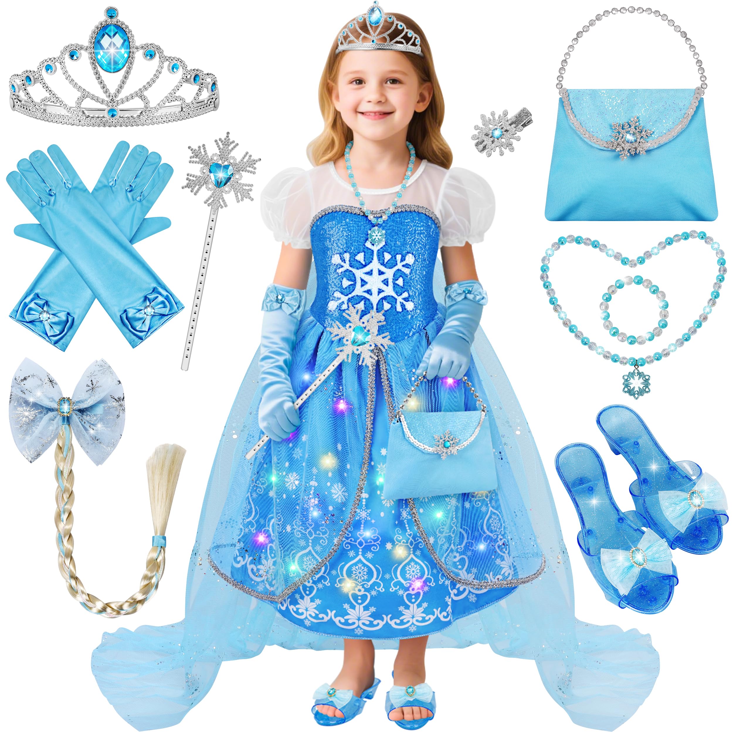 KKONES Light-Up Princess Dress Set with Cape and Accessories for Girls Ages 3-8