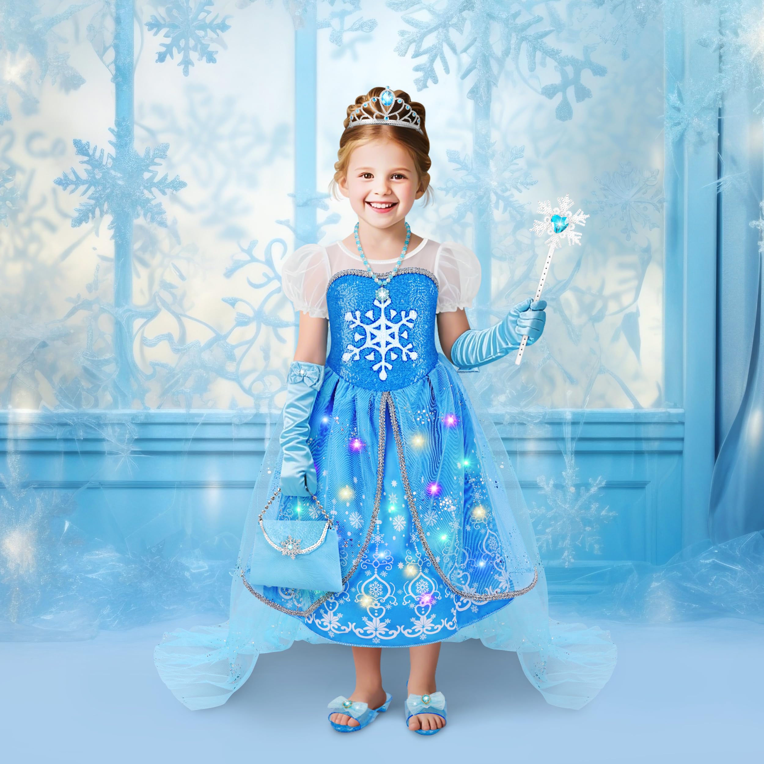 KKONES Light-Up Princess Dress Set with Cape and Accessories for Girls Ages 3-8