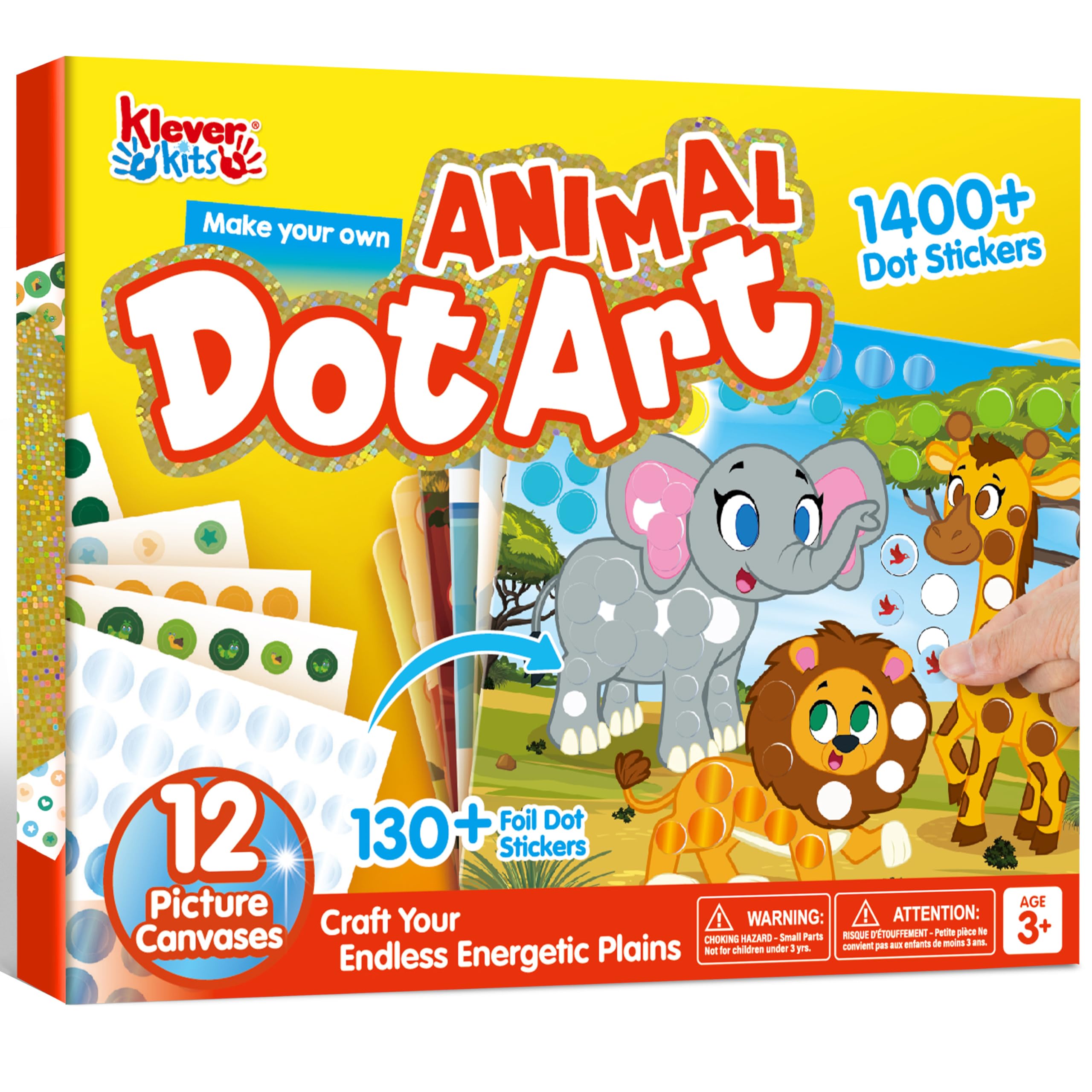 Klever Kits Dot Art Kit for Kids - 12 Animal Pictures with Over 1470 Stickers, No Mess Craft Activity, Travel Toy Gift for Ages 3-7