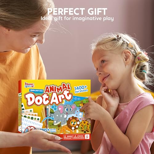 Klever Kits Dot Art Kit for Kids - 12 Animal Pictures with Over 1470 Stickers, No Mess Craft Activity, Travel Toy Gift for Ages 3-7