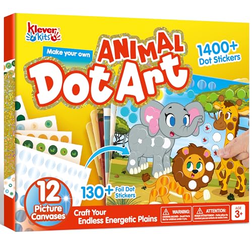 Klever Kits Dot Art Kit for Kids - 12 Animal Pictures with Over 1470 Stickers, No Mess Craft Activity, Travel Toy Gift for Ages 3-7