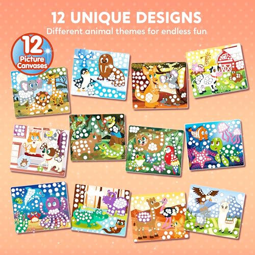 Klever Kits Dot Art Kit for Kids - 12 Animal Pictures with Over 1470 Stickers, No Mess Craft Activity, Travel Toy Gift for Ages 3-7