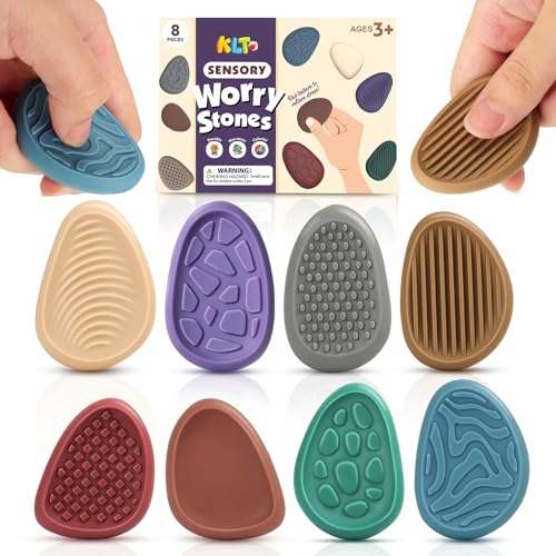 KLT 8-Pack Sensory Worry Stones – Quiet Fidget Toys for Stress Relief & Focus, Silicone Texture Stones for Adults and Kids