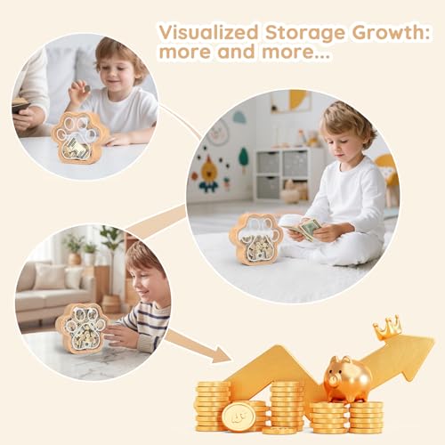 KMC Wooden Cat Paw Piggy Bank – 5-Inch Savings Tracker with Stickers for Toddlers