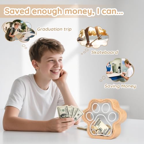 KMC Wooden Cat Paw Piggy Bank – 5-Inch Savings Tracker with Stickers for Toddlers