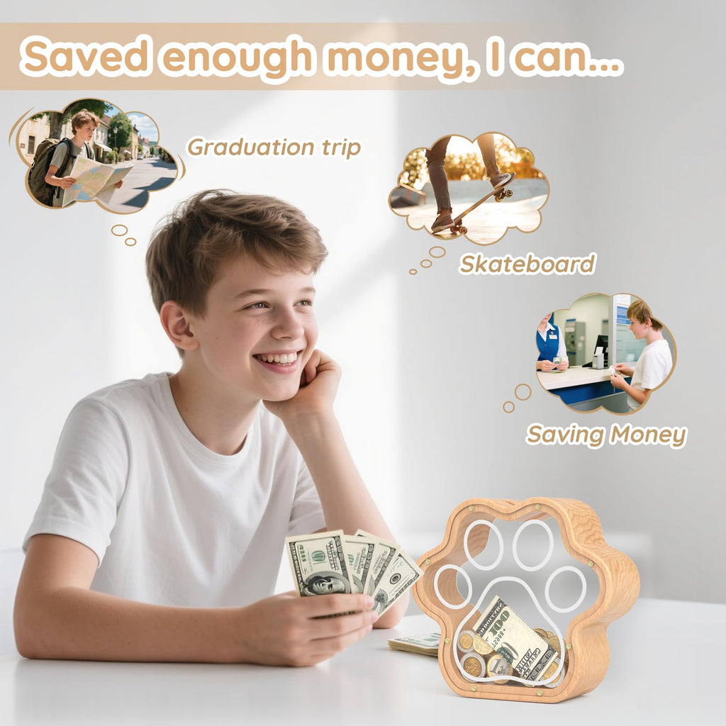 KMC Wooden Cat Paw Piggy Bank – 5-Inch Savings Tracker with Stickers for Toddlers