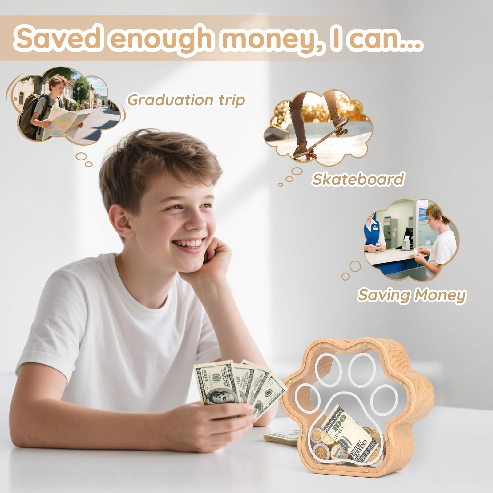 KMC Wooden Cat Paw Piggy Bank – 5-Inch Savings Tracker with Stickers for Toddlers