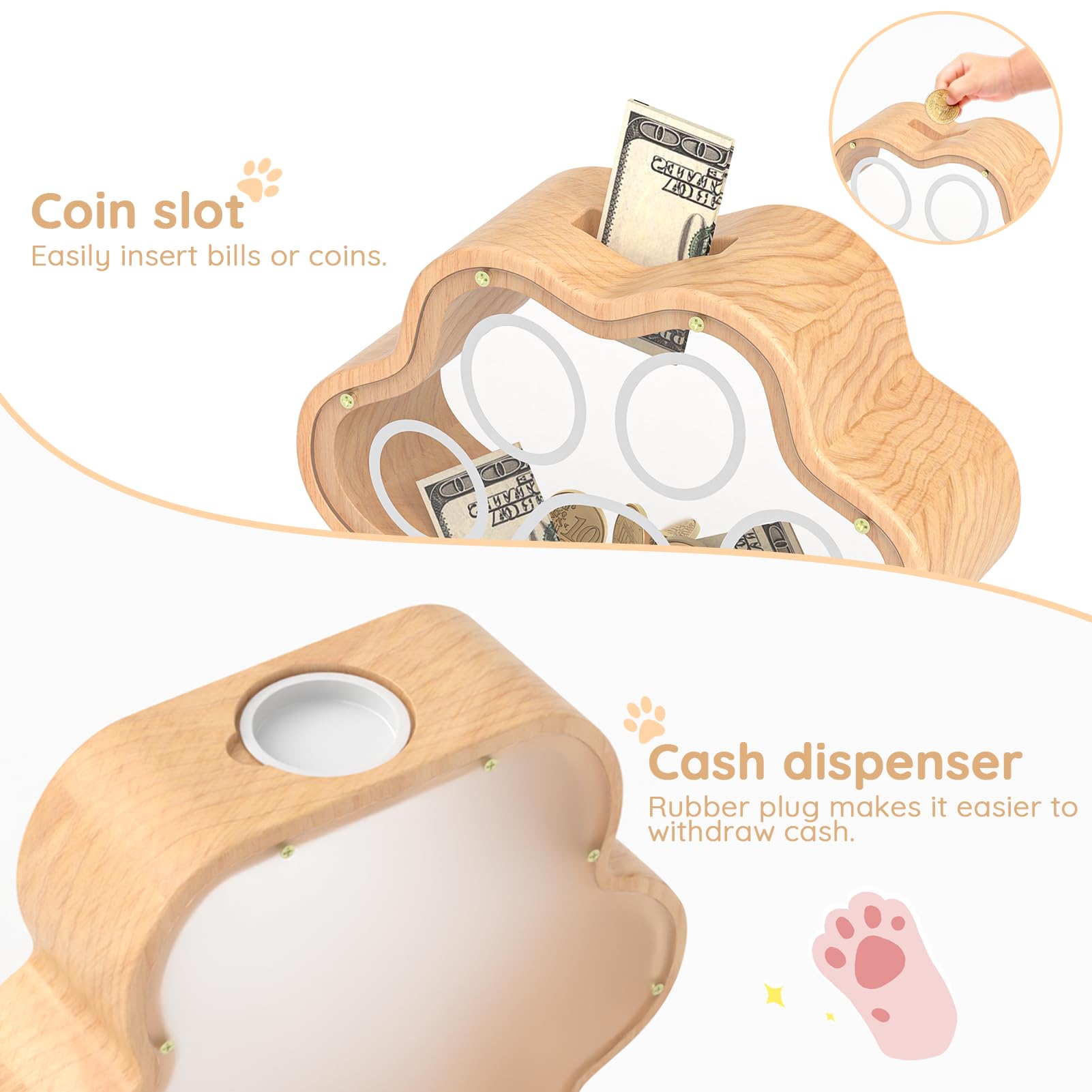 KMC Wooden Cat Paw Piggy Bank – 5-Inch Savings Tracker with Stickers for Toddlers