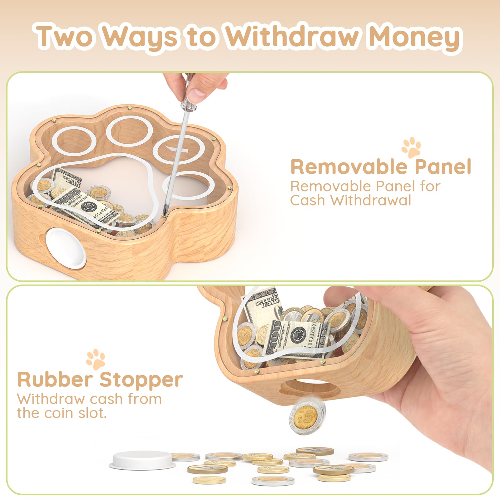 KMC Wooden Cat Paw Piggy Bank – 5-Inch Savings Tracker with Stickers for Toddlers