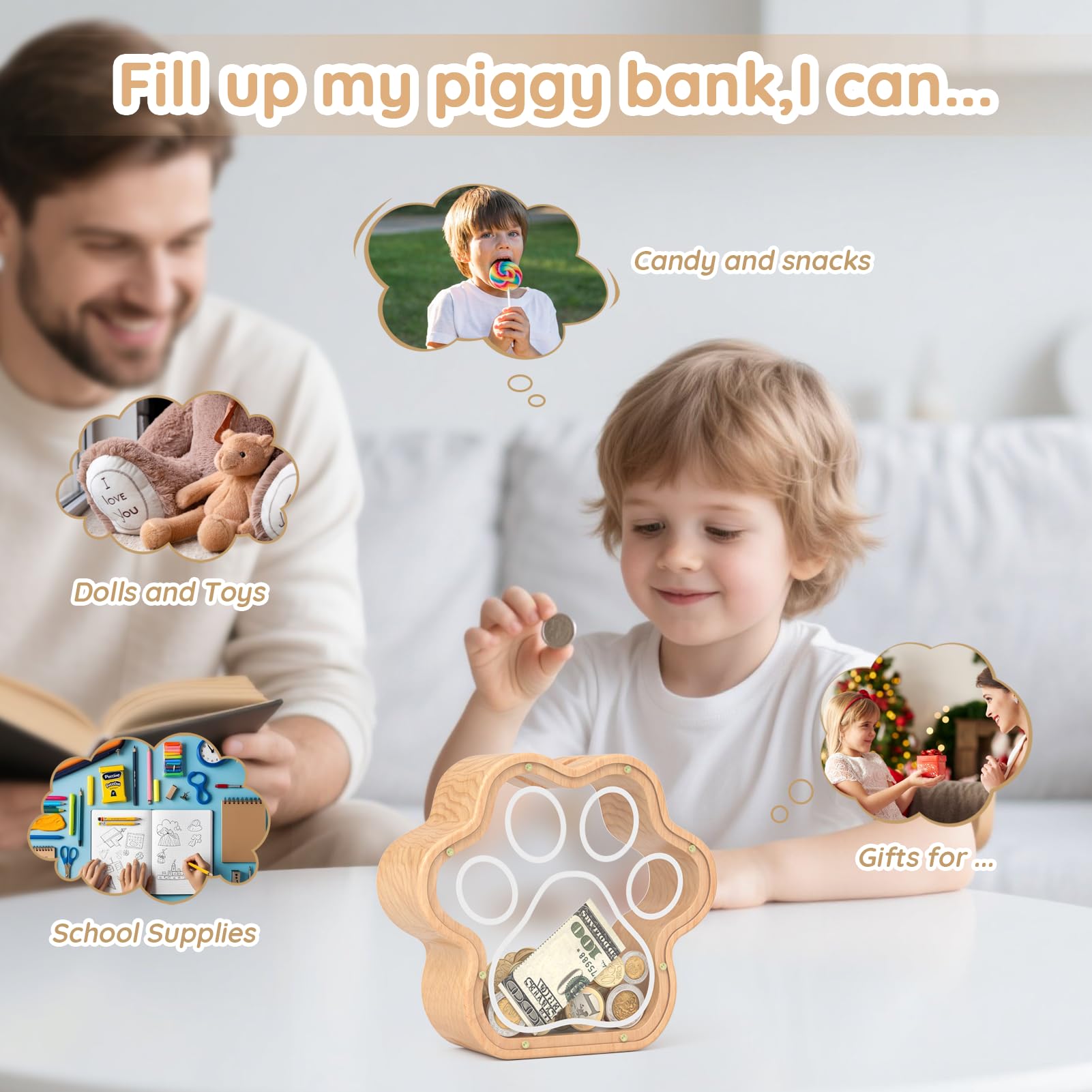 KMC Wooden Cat Paw Piggy Bank – 5-Inch Savings Tracker with Stickers for Toddlers