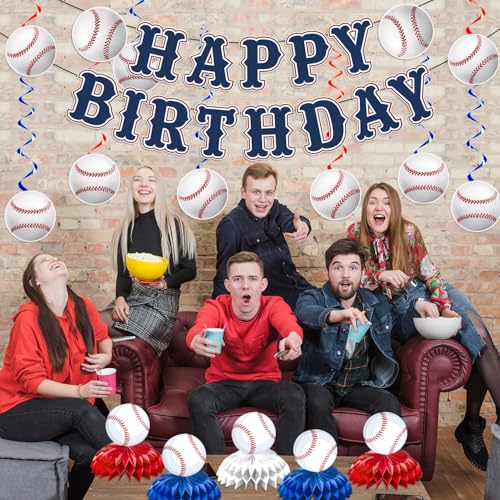 KMCCUMBER Baseball Birthday Party Decorations - Blue White Banner, Swirls & Table Decorations