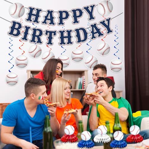 KMCCUMBER Baseball Birthday Party Decorations - Blue White Banner, Swirls & Table Decorations