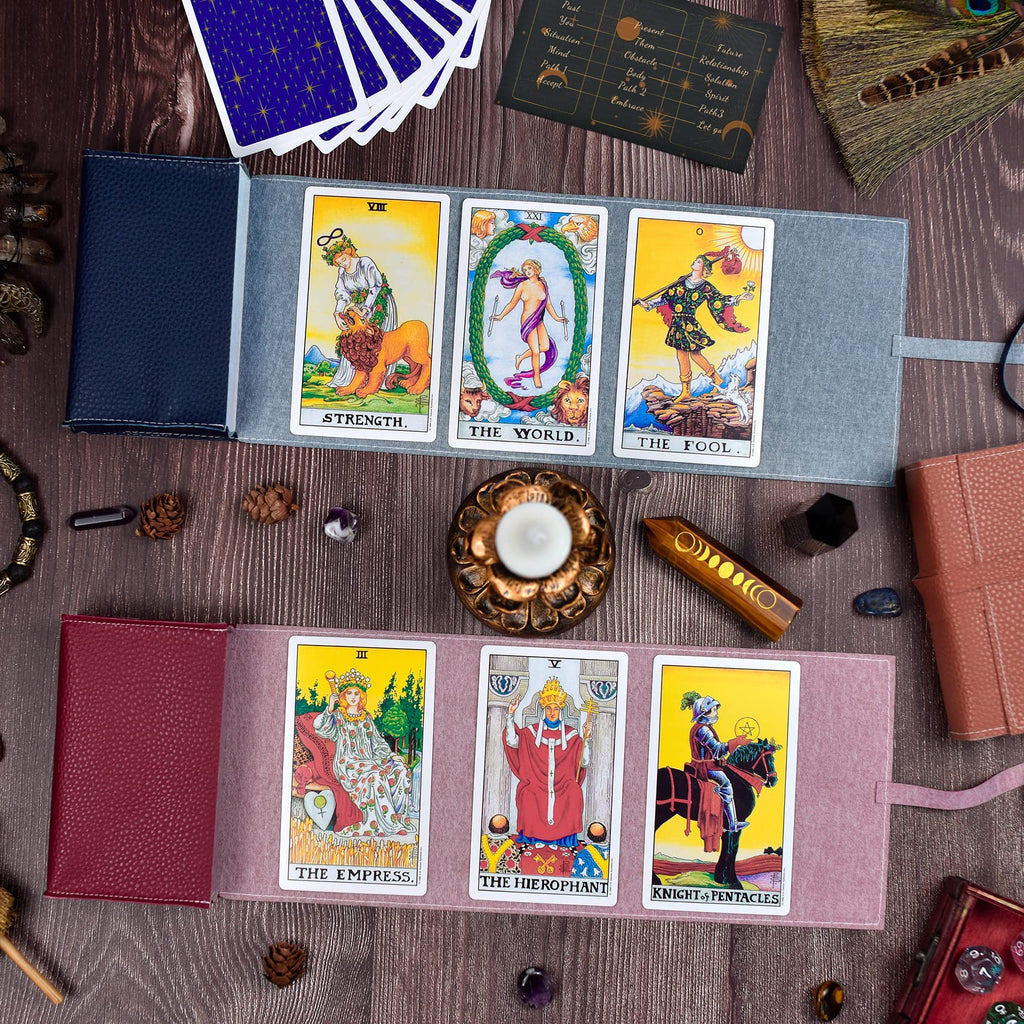 Knana 3-Piece Leather Tarot Card Storage Bags - Blue, Red, Brown - Protective Pouches for Tarot and Oracle Decks