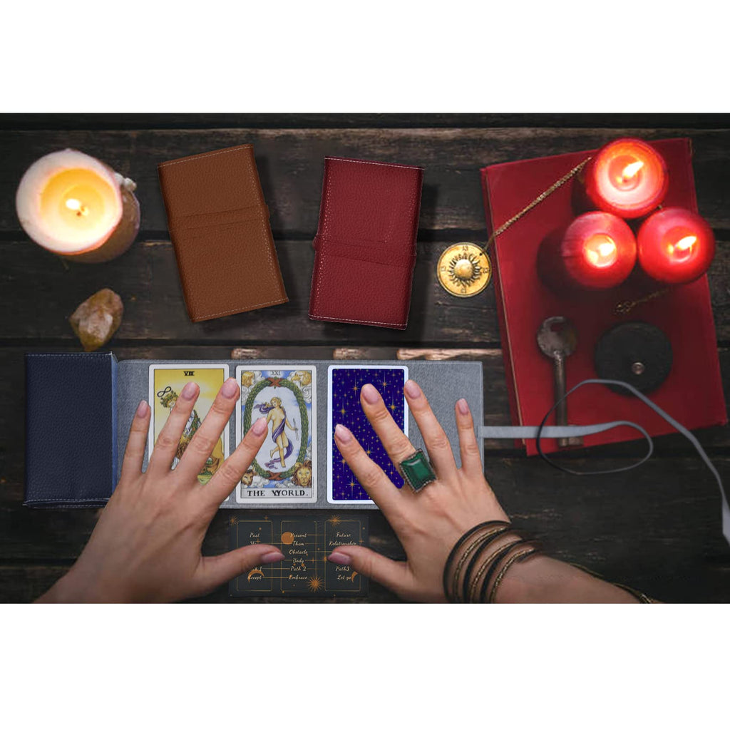 Knana 3-Piece Leather Tarot Card Storage Bags - Blue, Red, Brown - Protective Pouches for Tarot and Oracle Decks