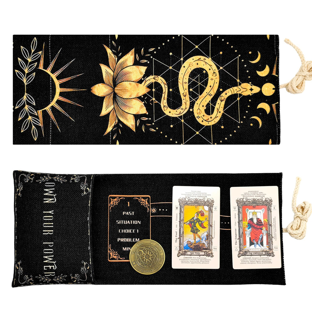 Knana Linen Tarot Card Bag with Coin – 2-Piece Storage Set for Tarot Decks, Oracle Cards, and Witch Tools (Snake Design)