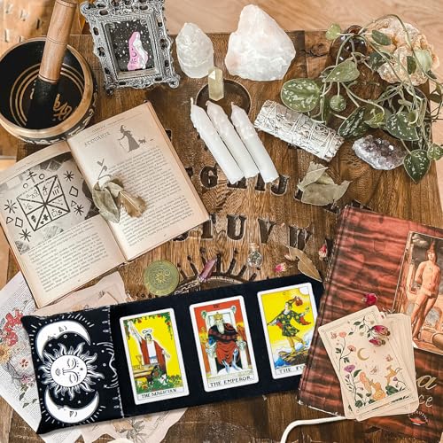 Knana Linen Tarot Card Holder Bag with 3 Display Racks and Tarot Coin – Large Storage for Oracle Cards, Dice, and Witch Tools