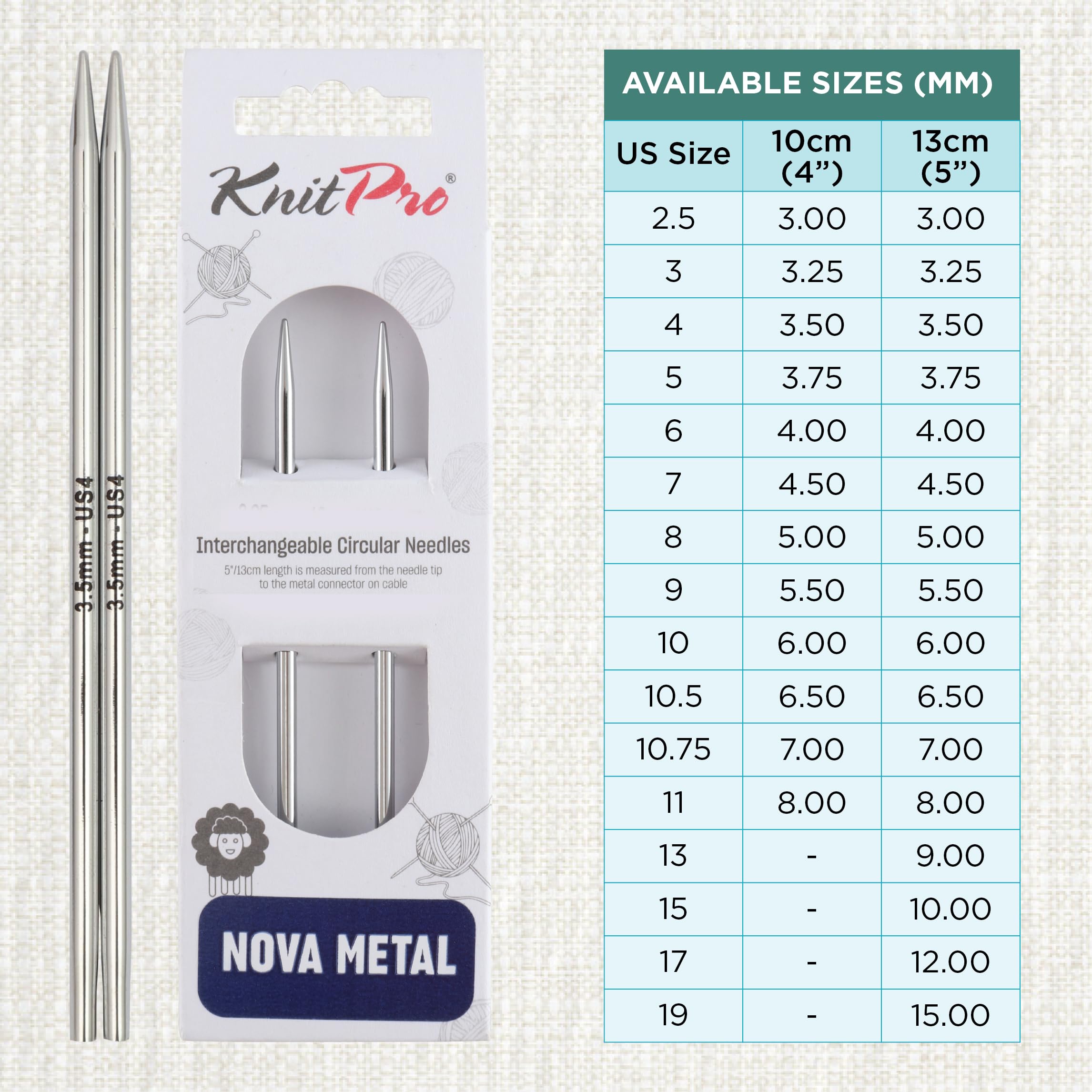 KnitPro Nova Interchangeable Circular Needles 5" (13cm) US Size 4 (3.5mm) – Brass, Silver