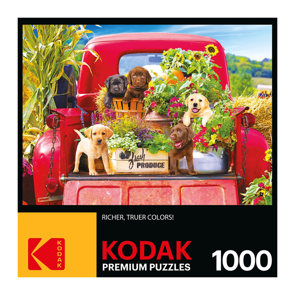 Kodak Premium Stowaways 1000-Piece Jigsaw Puzzle: Vintage Red Pickup with Lab Puppies
