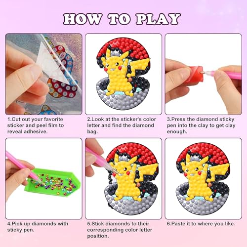 KOJEFCV 48-Pack Cartoon Diamond Art Sticker Kits for Kids – Gem Mosaic Stickers Ages 4-12