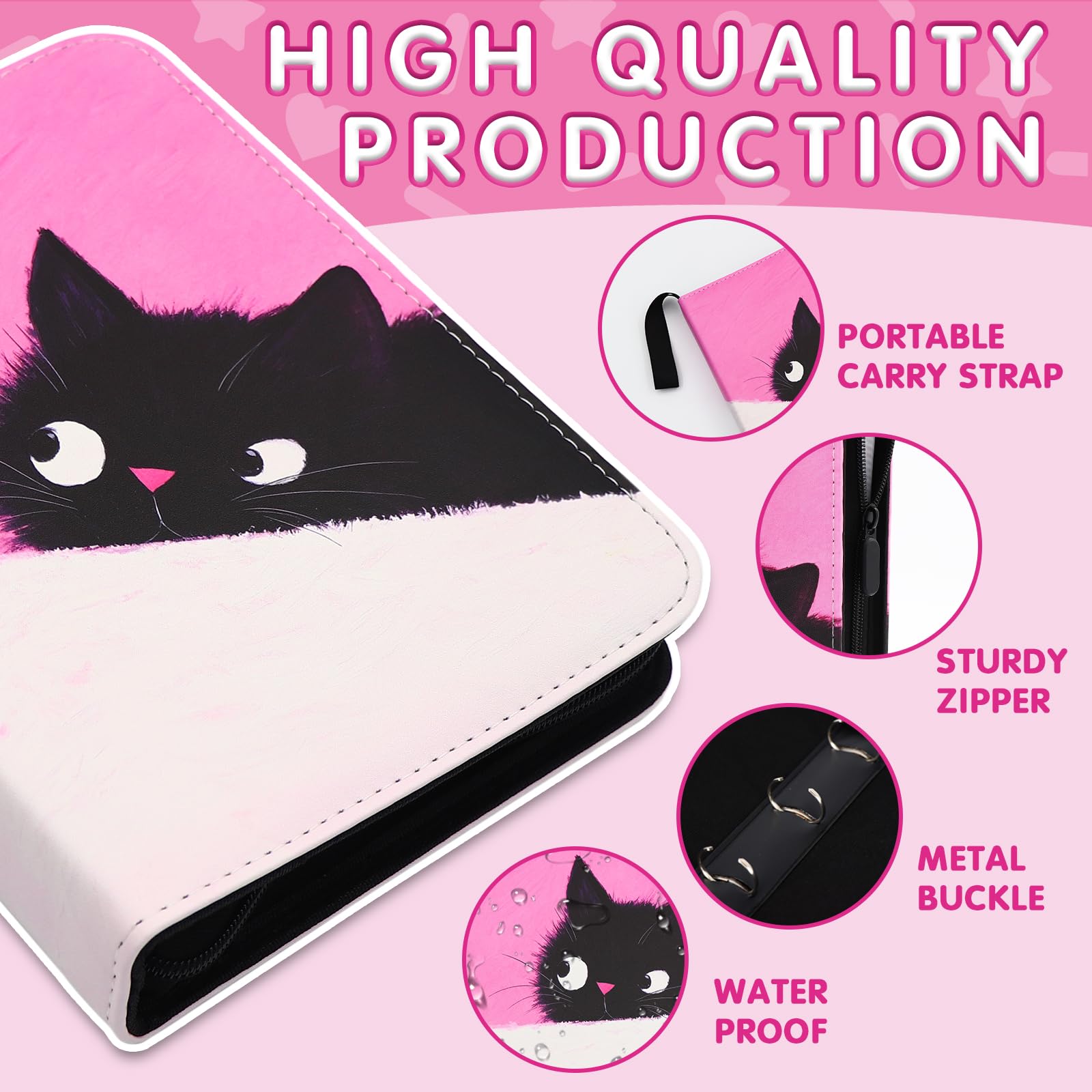 KOLIN Cute Cat Card Binder – 400 Pocket Pink PU Leather Album for Standard Cards