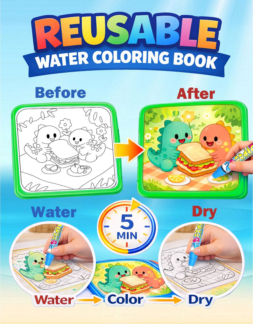 K'ONLE Reusable Water Coloring Book for Toddlers Ages 1-3 – Mermaid Theme, 10 Pages No Mess Travel Activity