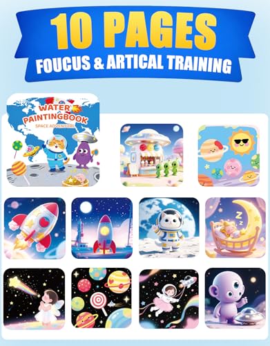 K'ONLE Reusable Water Painting Book – 10 Pages Space Theme, No-Mess Coloring for Toddlers 3-6