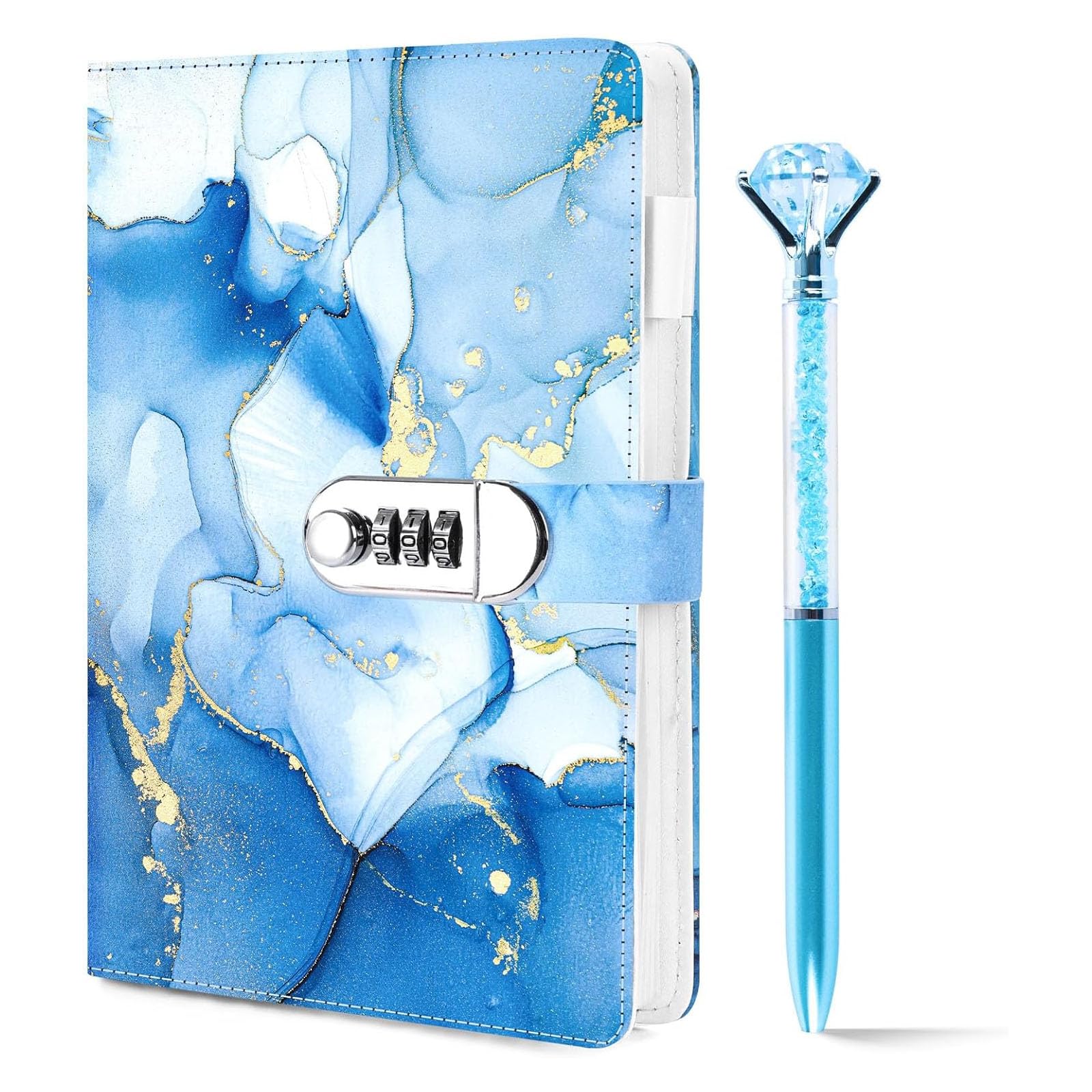 Koogel A5 Locking Diary for Girls Ages 8-12 – 240 Pages, Blue Marble, with Pen