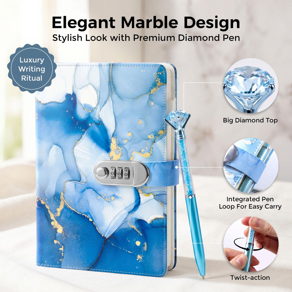 Koogel A5 Locking Diary for Girls Ages 8-12 – 240 Pages, Blue Marble, with Pen