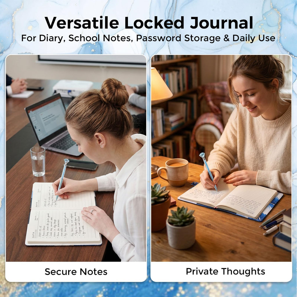 Koogel A5 Locking Diary for Girls Ages 8-12 – 240 Pages, Blue Marble, with Pen