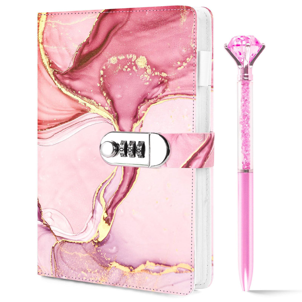 Koogel A5 Locking Journal for Girls 8-12 – Pink Marble, 120 Pages, Combination Lock with Pen