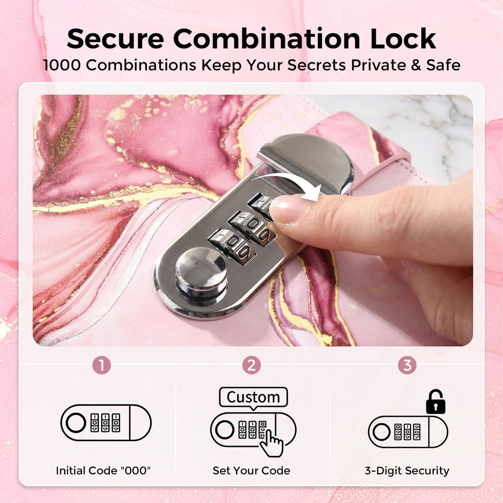 Koogel A5 Locking Journal for Girls 8-12 – Pink Marble, 120 Pages, Combination Lock with Pen