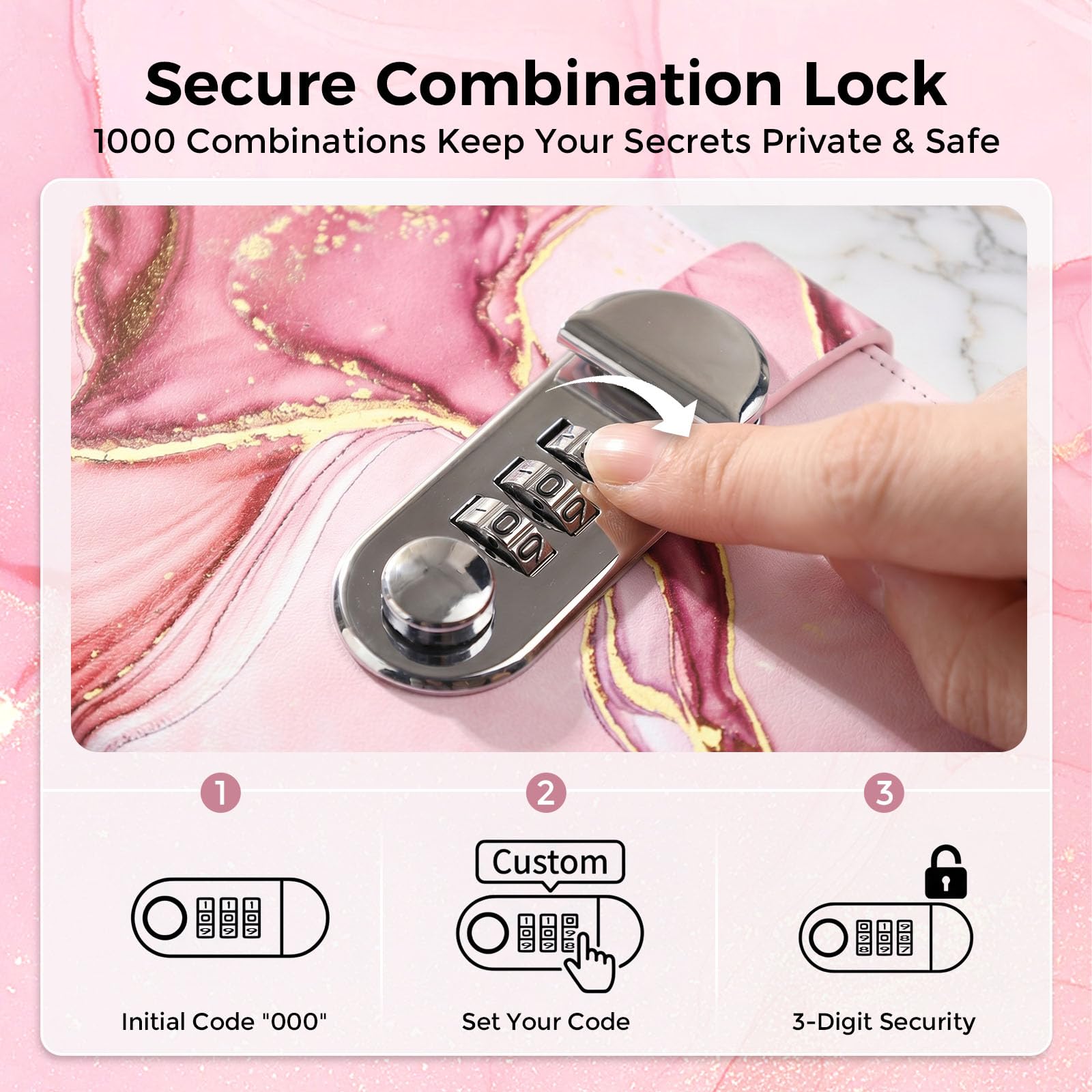 Koogel A5 Locking Journal for Girls 8-12 – Pink Marble, 120 Pages, Combination Lock with Pen
