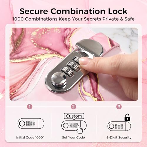 Koogel A5 Locking Journal for Girls 8-12 – Pink Marble, 120 Pages, Combination Lock with Pen
