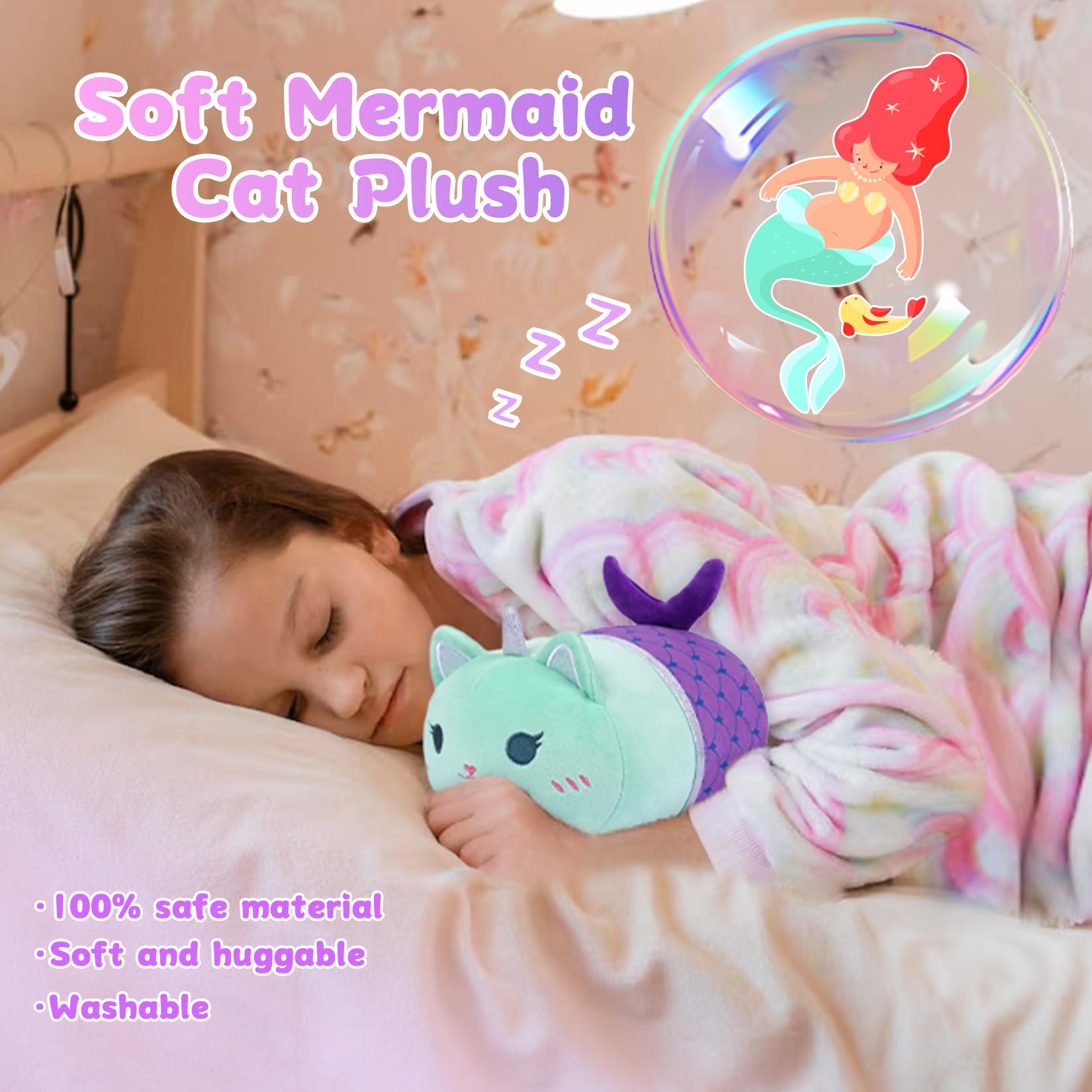 KOPHINYE 8-Inch Mermaid Cat Stuffed Animal – Soft Plush Toy for Kids, Girls, Boys