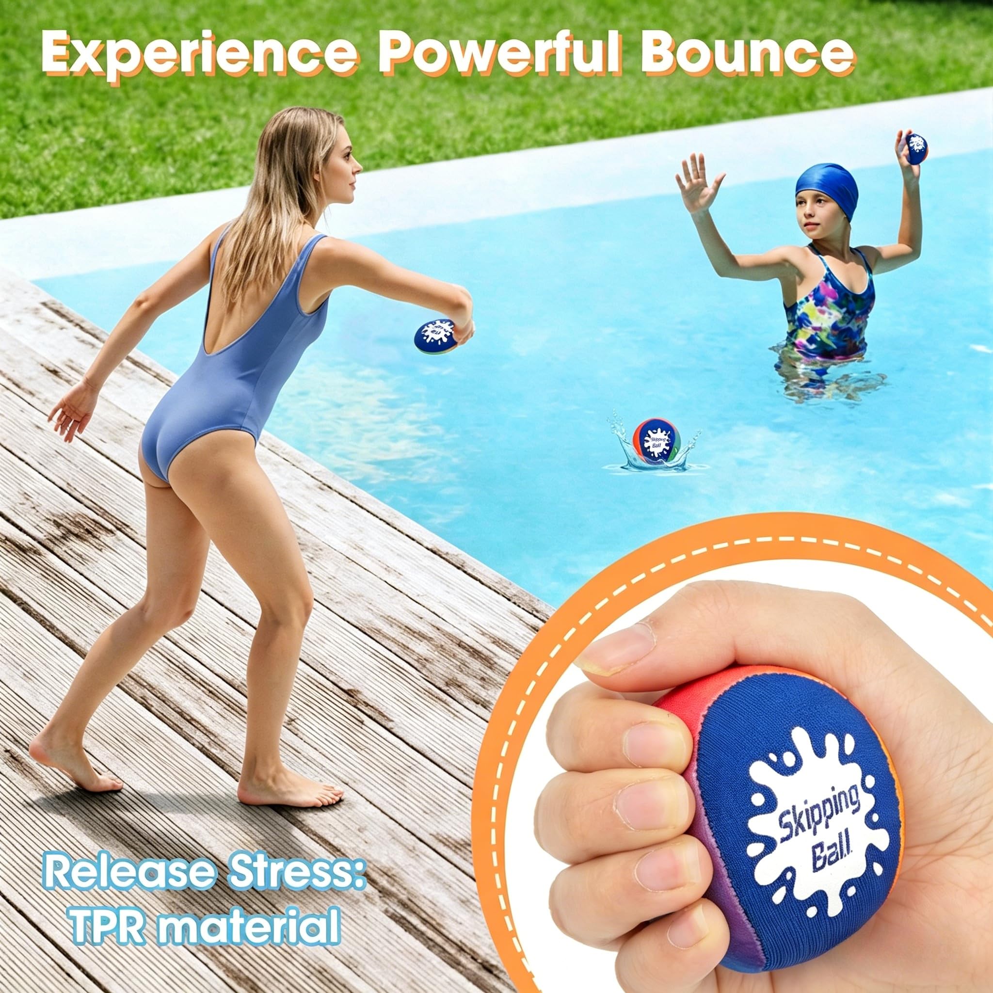 Korlon Skipping Water Balls 4 Pack - Bouncing Pool Toys with Mesh Bag for Kids and Adults