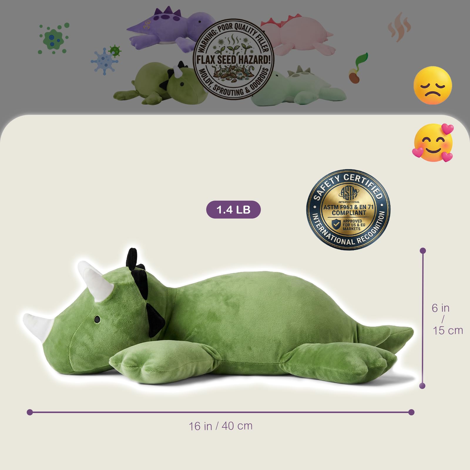 KOWSI 16" Green Triceratops Microwavable Heating Pad - Weighted Plush with Lavender