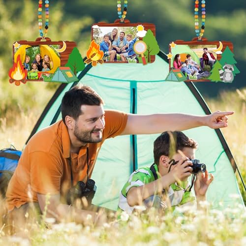 KOYILTD 24-Pack Camping Wooden Picture Frames – DIY Craft Kit for Party Decor, Christmas Ornaments, and Travel Gifts (Camera)