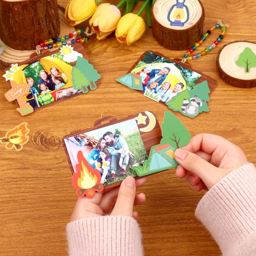 KOYILTD 24-Pack Camping Wooden Picture Frames – DIY Craft Kit for Party Decor, Christmas Ornaments, and Travel Gifts (Camera)