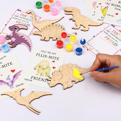 KOYILTD Dinosaur Valentine Craft Kit - 24 Cards & Wooden Dinosaurs to Paint for Kids Classroom Exchanges