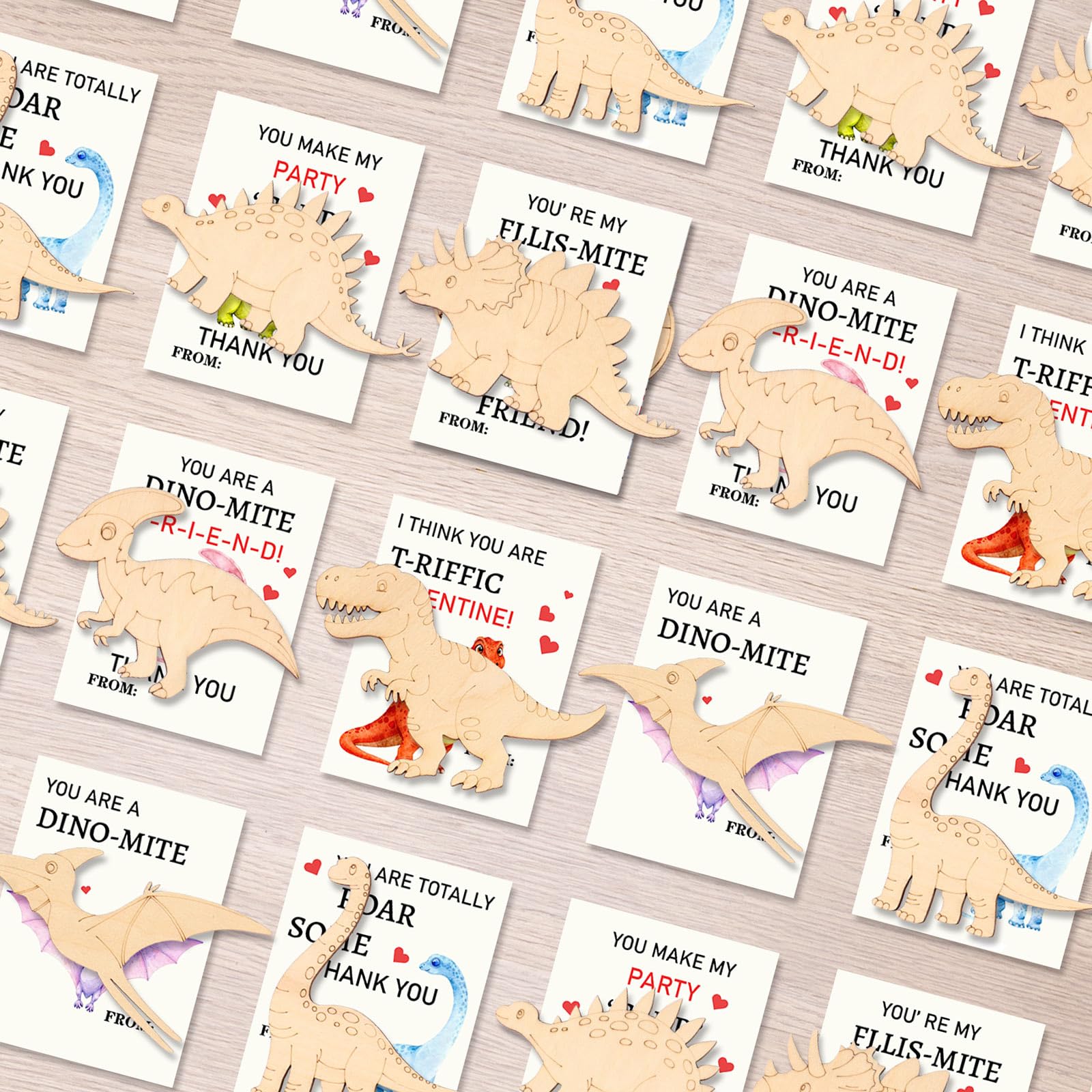 KOYILTD Dinosaur Valentine Craft Kit - 24 Cards & Wooden Dinosaurs to Paint for Kids Classroom Exchanges