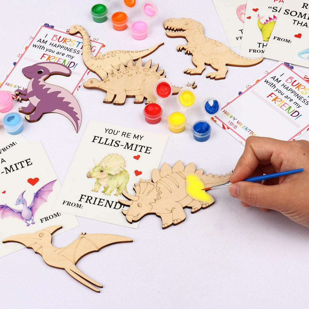 KOYILTD Dinosaur Valentine Craft Kit - 24 Cards & Wooden Dinosaurs to Paint for Kids Classroom Exchanges