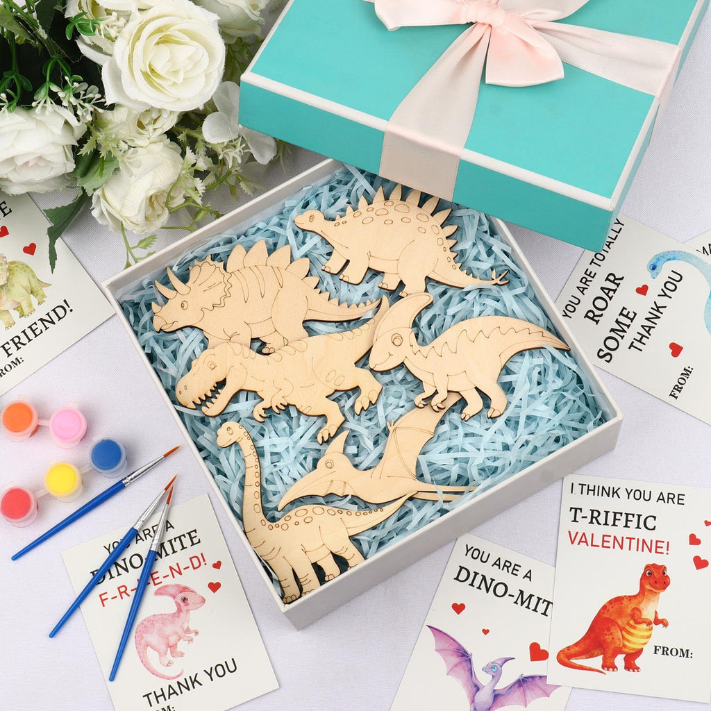 KOYILTD Dinosaur Valentine Craft Kit - 24 Cards & Wooden Dinosaurs to Paint for Kids Classroom Exchanges